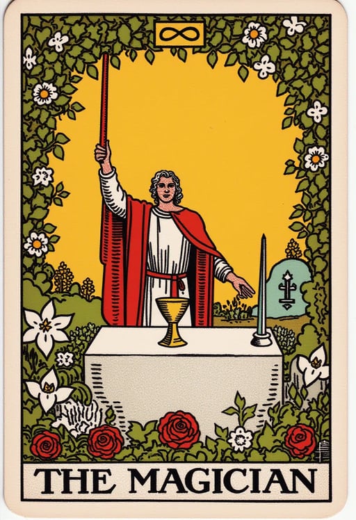 Create a highly detailed and high-resolution reimagining of ‘The Magician’ tarot card. The design should include the number ‘I’ at the top and the title ‘THE MAGICIAN’ at the bottom, as in the original Rider-Waite deck. The scene should depict a figure standing behind a table, holding a wand aloft in his right hand, pointing towards the ground with his left. The figure should have an infinity symbol above his head and wear a red robe over a white garment. On the table, include a cup, a pentacle, a sword, and a wand, symbolizing the four elements. The background should feature a bright yellow sky with a floral arch above and lush greenery below, with white lilies and red roses prominently in the foreground.

Reinterpret the card using a unique artistic style of your choice, such as modern minimalism, dark gothic, or vibrant surrealism. Maintain the intricate details in the character’s expression, clothing, and the objects on the table to reflect the chosen style. The final image should blend the traditional symbolism of ‘The Magician’ with a fresh and innovative artistic approach, while ensuring the inclusion of the ‘I’ and ‘THE MAGICIAN’ text in the design. Tarot Card Genrator