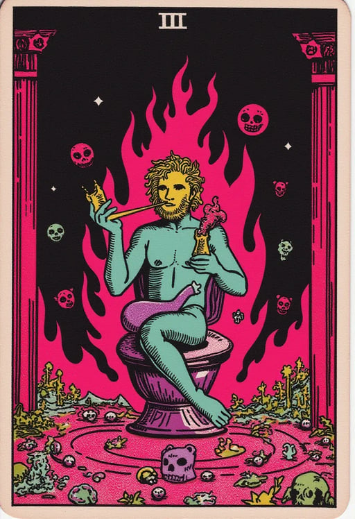 A vibrant, neon-pink and surreal depiction of a tripster sitting on a toilet in a psychedelic, chaotic room. The setting is filled with bright pink flames, cartoonish elements like teddy bears, skulls, and bizarre symbols. The tripster holds a smoking pipe in one hand and a tattered book of Castaneda quotes in the other. His leg has morphed into an eggplant, and psychedelic mushrooms and Tarot cards are scattered around. A talking cactus demands water in the background. The scene has a hyper-stylized, exaggerated gothic vibe with bold colors, dark outlines, and a surreal atmosphere of confusion and distorted reality. The art is playful yet unsettling, filled with chaotic and exaggerated imagery Tarot Card Genrator