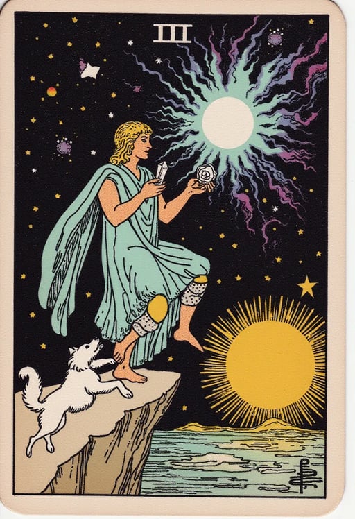 Create a highly detailed and high-resolution COSMIC reimagining of ‘The Fool’ tarot card. 