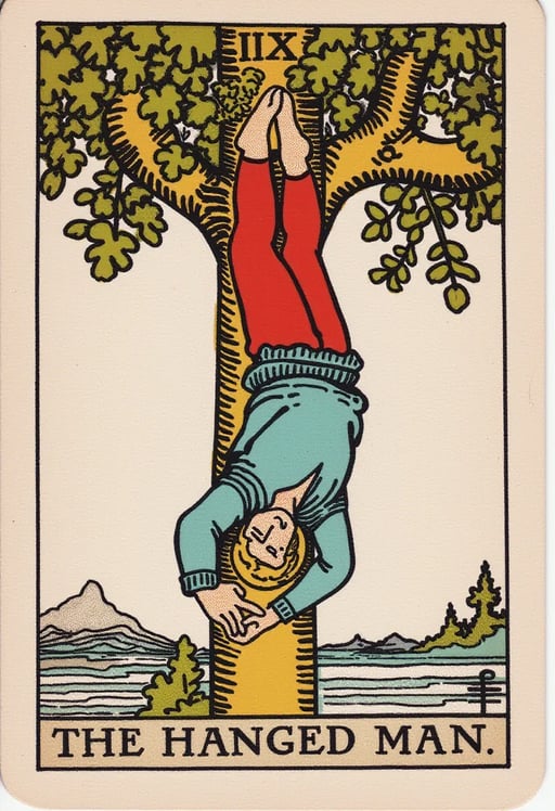 Tarot card:The Hanged Man. A man hanging upside down from a T-shaped tree, right leg crossed behind left. Blue tunic, red pants. Peaceful face, halo around head. Misty background. Roman numeral XII at bottom. Mystical atmosphere. Rider-Waite style. Tarot Card Genrator