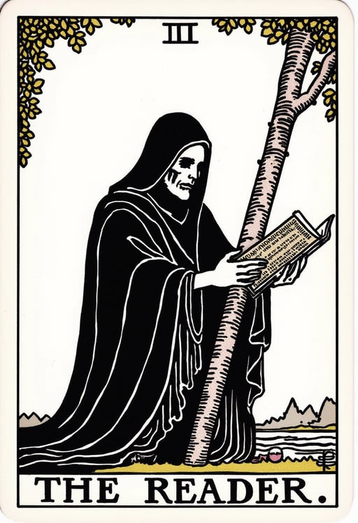 gothic tarot card. detailed vintage style. black illustration isolated on a white background. the name of the tarot card is THE READER. the illustration features a grim reaper reading a book Tarot Card Genrator