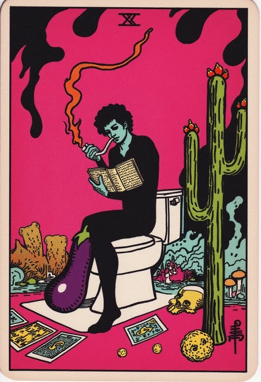 A vibrant, neon-pink and surreal depiction of a tripster sitting on a toilet in a psychedelic, chaotic room. The setting is filled with bright pink flames, cartoonish elements like teddy bears, skulls, and bizarre symbols. The tripster holds a smoking pipe in one hand and a tattered book of Castaneda quotes in the other. His leg has morphed into an eggplant, and psychedelic mushrooms and Tarot cards are scattered around. A talking cactus demands water in the background. The scene has a hyper-stylized, exaggerated gothic vibe with bold colors, dark outlines, and a surreal atmosphere of confusion and distorted reality. The art is playful yet unsettling, filled with chaotic and exaggerated imagery Tarot Card Genrator