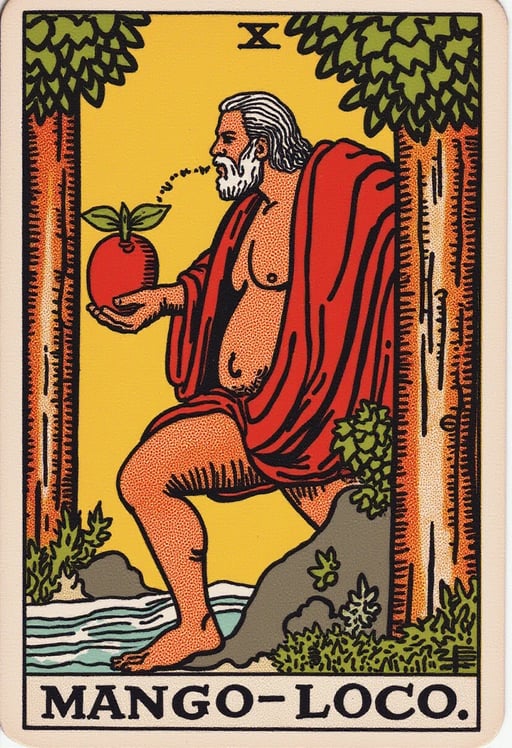 Fat man with a beard drinking a mango-loco monster energy. Tarot Card Genrator