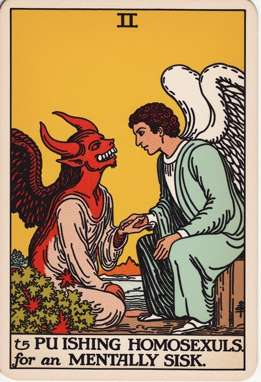 MAN PUNISHING HOMOSEXUALS FOR BEING MENTALLY SICK THE MAN IS DEPICTED AS AN ANGEL AND THEY HAVE DEMONIC FEATURES Tarot Card Genrator