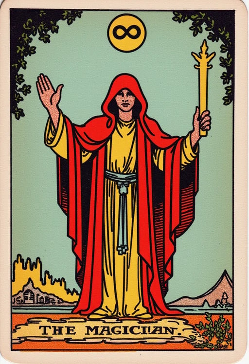 Tarot card The Magician, mystical robed figure, red cloak, infinity symbol above head, outstretched arms, wand pointing skyward, table with symbolic objects, glowing magical energy, ethereal background, intricate details, vibrant colors Tarot Card Genrator