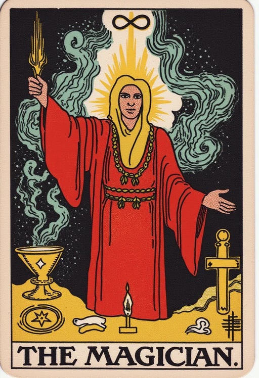 Tarot card The Magician, mystical robed figure, red cloak, infinity symbol above head, outstretched arms, wand pointing skyward, table with symbolic objects, glowing magical energy, ethereal background, intricate details, vibrant colors