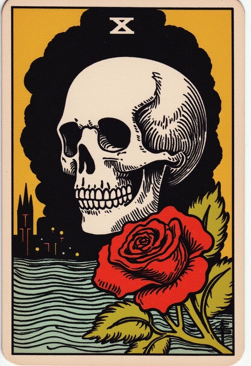 create a cyberpunk tarot card depickting a skull and a rose