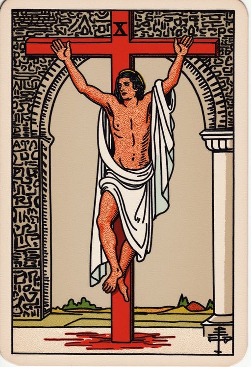 A priest hanging upside down from a cross in the middle of a church and naked with blood on his body. Tarot Card Genrator