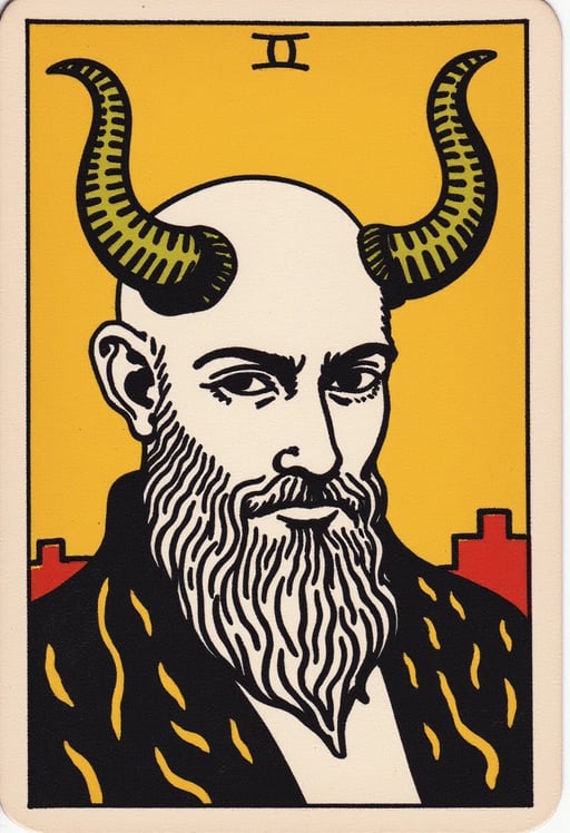 A bald man with satan-like horns, and a short, unkempt beard. Tarot Card Genrator