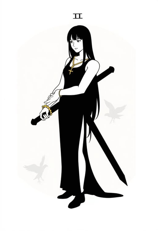 1girl, solo, side_slit, weapon, dress, jewelry, necklace, sword, weapon_on_back, black_hair, simple_background, full_body, white_background, bare_shoulders, bracelet, monochrome, long_hair, standing, black_dress, shoes, bird, bangs, black_footwear Tarot Card Genrator