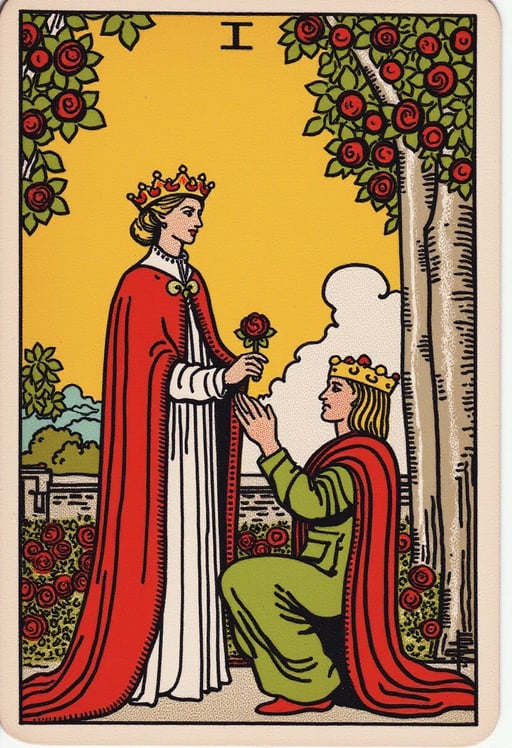 Beautiful rose garden, elegant queen standing with a rose in her hand, the king on his knee, kissing quens' hand  Tarot Card Genrator