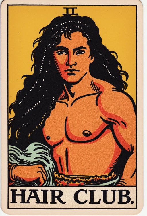 Un homme musclé avec de longs cheveux noirs luxuriants. Il est écrit "CLUB DE CHEVEUX" Tarot Card Genrator