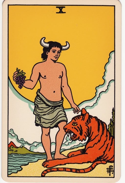 Um jovem nu com chifres, segurando uvas, com um tigre laranja mordendo sua perna, um sol dourado ao fundo, no estilo do Tarot de Thoth