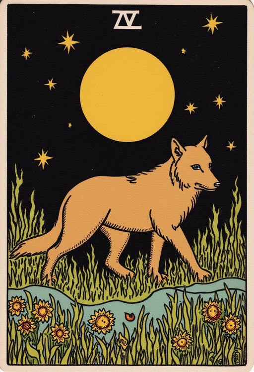 Create a Tarot card with a brown wolf walking trough a field
 Tarot Card Genrator