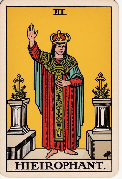 Carte de tarot Le Hiérophante, figure religieuse, triple couronne, robe ornée, deux acolytes à ses pieds, main levée en bénédiction, clés croisées, piliers, symboles religieux, autel, cadre cérémonial. Tarot Card Genrator