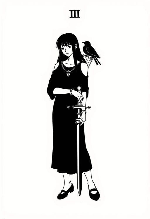 in the style of TOK a trtcrd, tarot style 1girl, solo, side_slit, weapon, dress, jewelry, necklace, sword, weapon_on_back, black_hair, simple_background, full_body, white_background, bare_shoulders, bracelet, monochrome, long_hair, standing, black_dress, shoes, bird, bangs, black_footwear Tarot Card Genrator