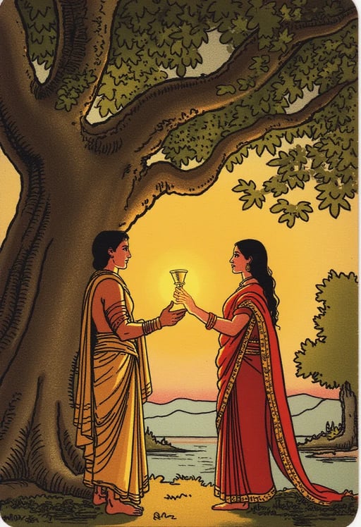  a handsome Indian man in a dhoti and gorgeous Indian beauty standing beneath a massive, ancient lush banyan tree. Both characters hold glowing golden cups extended toward each other. woman is dressed in a flowing saree with gold and red accents, man wears a simple dhoti with subtle golden embroidery. The setting is a serene sunset, with warm golden light filtering through the tree’s expansive canopy, casting dappled shadows on the lush green ground.  
background, a tranquil river winds its way through the landscape, its surface reflecting the soft pink, orange, and gold hues of the sunset. The golden cups glow faintly, symbolizing spiritual harmony and connection. The man and woman have perfect eyes, perfect limbs, perfect face. The background is extremely detailed. 
The style blends cinematic realism with traditional Indian miniature painting, featuring warm, harmonious colors, intricate details, and a divine glow. Use HDR techniques for balanced lighting, fine texture enhancement for the tree roots and clothing, and glow effects for the cups. 