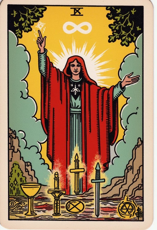 Tarot card The Magician, mystical robed figure, red cloak, infinity symbol above head, outstretched arms, wand pointing skyward, table with symbolic objects, glowing magical energy, ethereal background, intricate details, vibrant colors