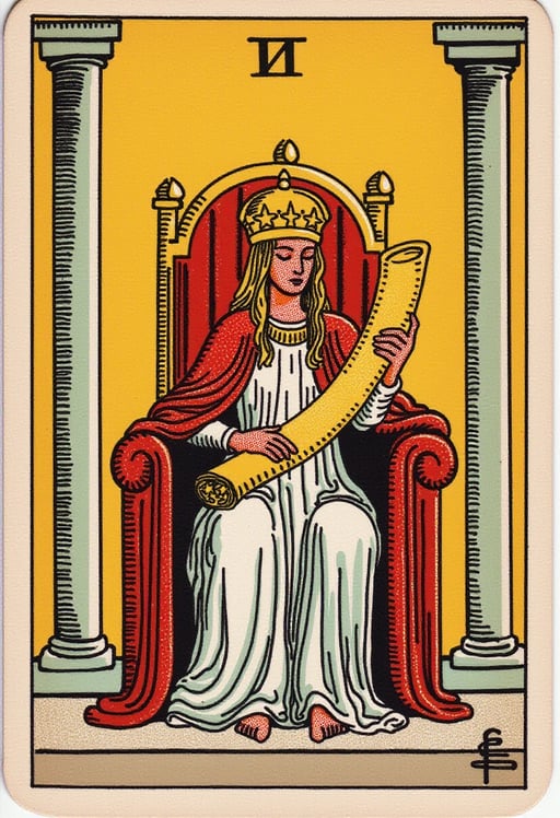 grande prêtresse trône d'or avec couronne et étoiles robe fluide yeux fermés tenant un parchemin deux piliers de chaque côté du trône Tarot Card Genrator