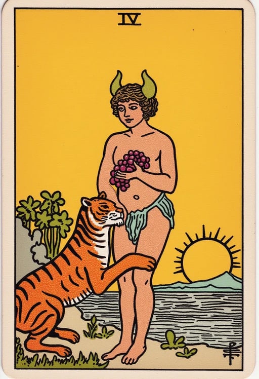 Um jovem nu com chifres, segurando uvas, com um tigre laranja mordendo sua perna, um sol dourado ao fundo Tarot Card Genrator