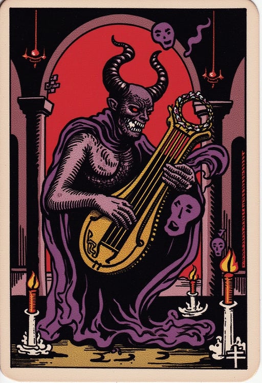 At the center, a menacing demon is depicted, with a twisted smile revealing sharp fangs and glowing red eyes that pierce through the darkness. Its skin is a deep, shadowy purple, covered in intricate markings that shimmer faintly, like notes on a musical score.

The demon holds a twisted, ornate instrument, perhaps a violin or a lyre, with strings that seem to writhe and pulsate as if alive. As it plays, ghostly musical notes escape from the instrument, transforming into dark, smoky wisps that swirl around the card, resembling anguished faces or silhouettes of lost souls entranced by the music.

The background features a dimly lit, decrepit concert hall, with broken chandeliers hanging precariously and shadows lurking in the corners. Dim, flickering candles line the edges of the card, casting eerie glows that illuminate the demon's malevolent features. The color palette is a mix of deep reds, blacks, and purples, creating a sinister atmosphere that draws the viewer into its haunting allure. Tarot Card Genrator