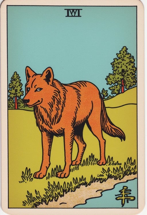 Create a Tarot card with a brown wolf walking trough a sunny field, grass is green, sky is blue, wolf is brown, realistic Tarot Card Genrator