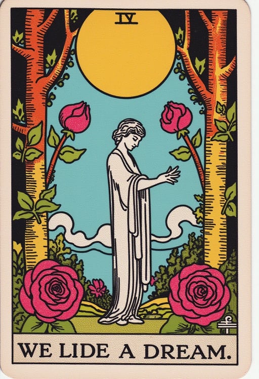 Write this frase in bottom: "We Live Inside A Dream", The colour palette I want is around light pink, blue, and magenta. roses are important and the idea of the double, also the moon and the sun and the concept of renewal and resilience, and some oroboros  Tarot Card Genrator