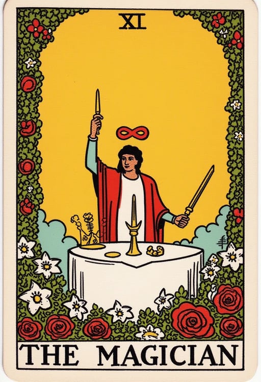 Create a highly detailed and high-resolution COSMIC reimagining of ‘The Magician’ tarot card. The design should include the number ‘I’ at the top and the title ‘THE MAGICIAN’ at the bottom, as in the original Rider-Waite deck. The scene should depict a figure standing behind a table, holding a wand aloft in his right hand, pointing towards the ground with his left. The figure should have an infinity symbol above his head and wear a red robe over a white garment. On the table, include a cup, a pentacle, a sword, and a wand, symbolizing the four elements. The background should feature a bright yellow sky with a floral arch above and lush greenery below, with white lilies and red roses prominently in the foreground.Reinterpret the card using a unique artistic style of your choice, such as modern minimalism, dark gothic, or vibrant surrealism. Maintain the intricate details in the character’s expression, clothing, and the objects on the table to reflect the chosen style. The final image should blend the traditional symbolism of ‘The Magician’ with a fresh and innovative artistic approach, while ensuring the inclusion of the ‘I’ and ‘THE MAGICIAN’ text in the design. Tarot Card Genrator