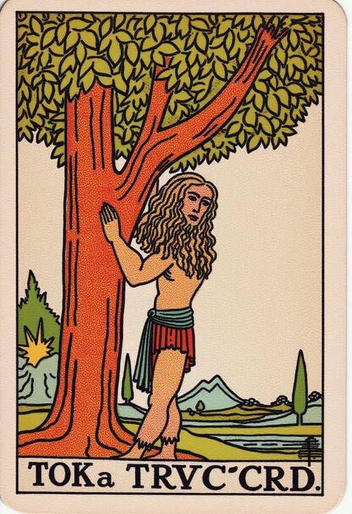 un homme avec des cheveux très longs se tient sur un arbre Tarot Card Genrator