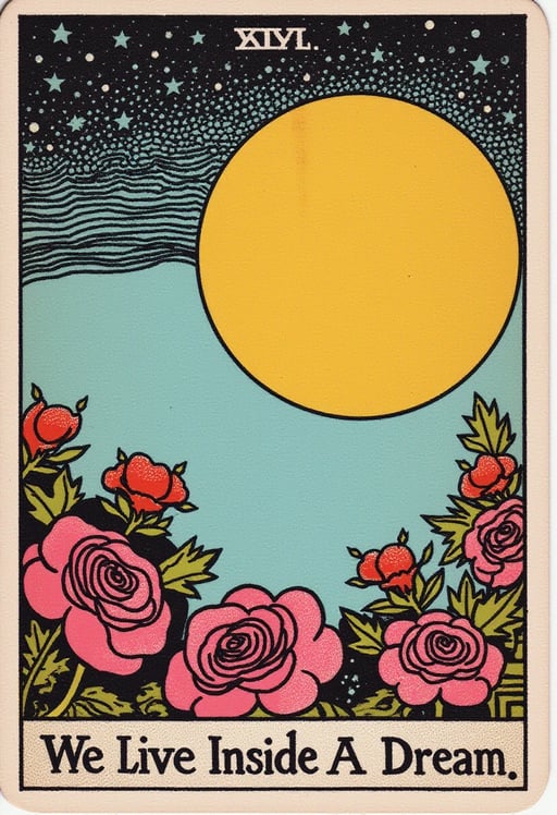 Write this frase in bottom: "We Live Inside A Dream", The colour palette I want is around light pink, blue, and magenta. roses are important and the idea of the double, also the moon and the sun and the concept of renewal and resilience, and some oroboros Tarot Card Genrator