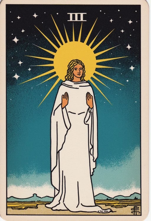 A person in a white robe with a halo, under a night sky filled with stars Tarot Card Genrator