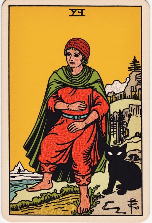 Carte de Tarot le Fou dans un style réaliste, où une figure en costume de joker avec un sourire sur le visage marche au bord d'une falaise sur fond de pleine lune jaune, à côté de la jambe gauche se trouve un chat noir aux yeux jaunes, une patte sur la jambe gauche de la figure Tarot Card Genrator