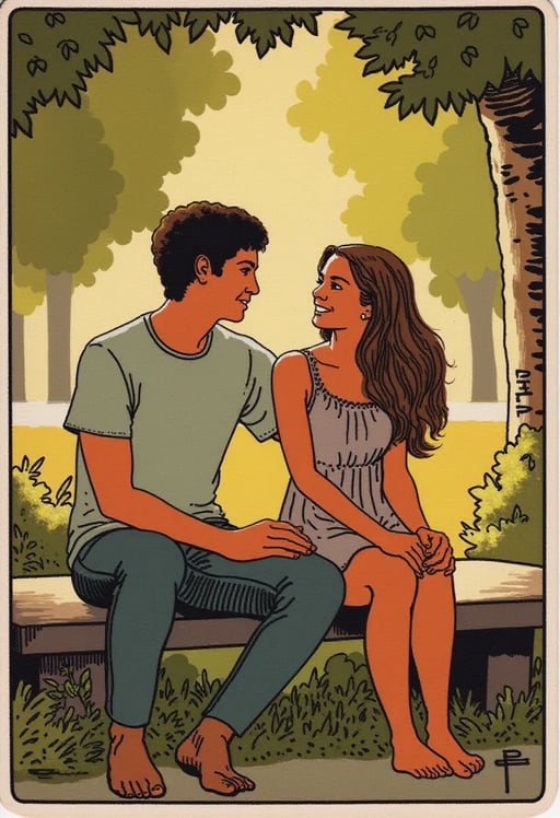 Create an image of a young man sitting next to a young woman. They are seated on a park bench surrounded by lush greenery with trees in the background. The man has short brown hair and is wearing a casual outfit, such as a t-shirt and jeans, with a relaxed posture. The woman has long flowing hair and is dressed in a summer dress, smiling softly as they enjoy the peaceful atmosphere together. The lighting is warm, resembling a late afternoon sun, casting gentle shadows and a golden hue across the scene Tarot Card Genrator