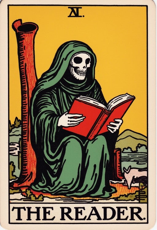 the name of the tarot card is THE READER. the illustration features a grim reaper reading a book Tarot Card Genrator