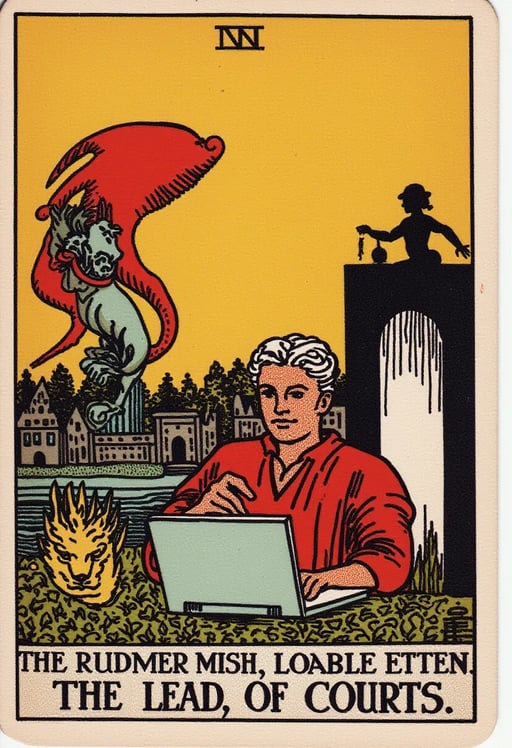 
 man using laptop and it's infected with virus and malware  and attackers ask for money to recover his files and the man refuses to do that and speaks with government then they find that guy and they give him to court Tarot Card Genrator