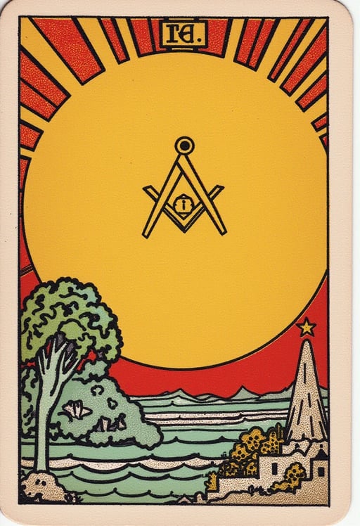 A moon in a sun,and it is next to a star, “The masoncal”,  in the style of TOK a trtcrd, tarot style Tarot Card Genrator