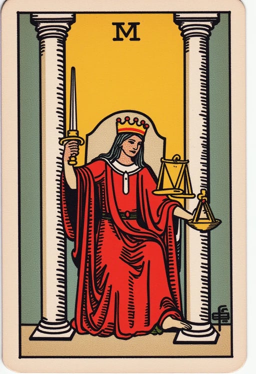 A tarot card of "Justice" in the style of traditional tarot decks. The central figure is a regal woman, seated on a throne, wearing a red robe and a crown, symbolizing authority and fairness. She holds a sword upright in her right hand, representing logic and reason, and a set of balanced scales in her left hand, symbolizing impartiality. The background is symmetrical, with pillars on either side  Tarot Card Genrator