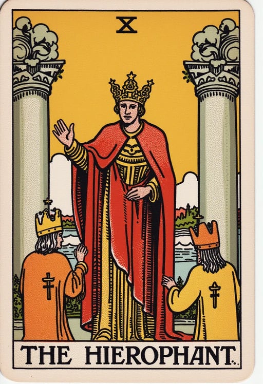 Carte de tarot Le Hiérophante, figure religieuse, triple couronne, robe ornée, deux acolytes à ses pieds, main levée en bénédiction, clés croisées, piliers, symboles religieux, autel, cadre cérémonial. Tarot Card Genrator