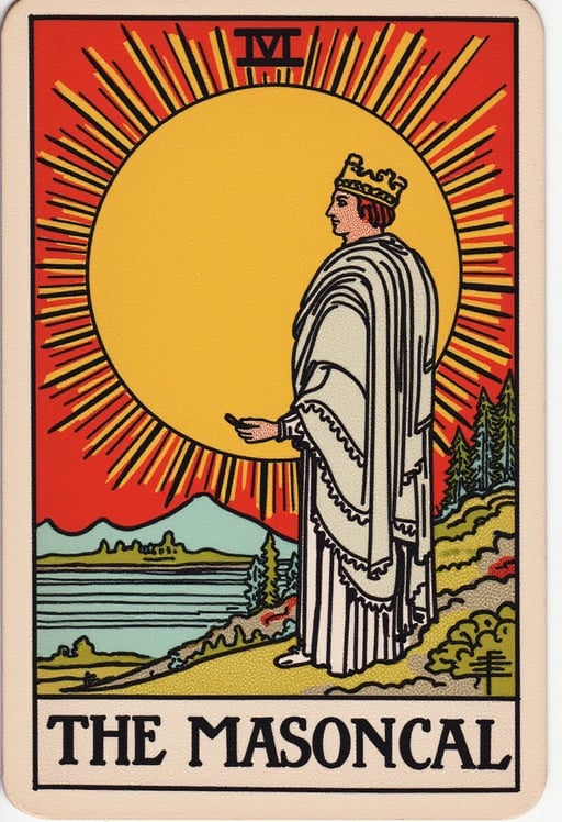 A moon in a sun,and it is next to a star, “The masoncal”,  in the style of TOK a trtcrd, tarot style