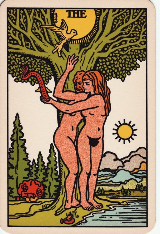 Tarot card The Lovers, naked man and woman, angel above, Tree of Knowledge with serpent, Tree of Life, apple, flowing water, mountain, sun, clouds, Garden of Eden scene. Tarot Card Genrator