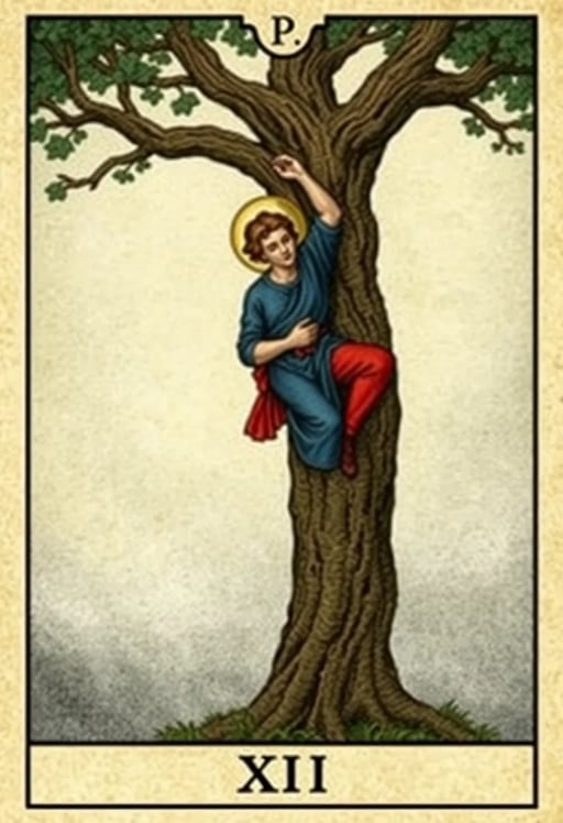 The Hanged Man. A man hanging upside down from a T-shaped tree, right leg crossed behind left. Blue tunic, red pants. Peaceful face, halo around head. Misty background. Roman numeral XII at bottom. Mystical atmosphere. Rider-Waite style. Tarot Card Genrator