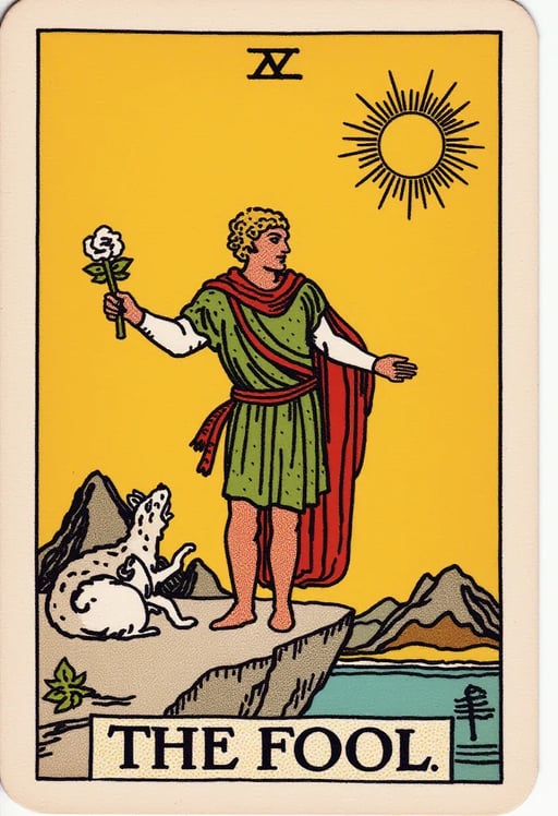 Create a highly detailed and high-resolution reimagining of ‘The Fool’ tarot card. The design should include the number ‘0’ at the top and the title ‘THE FOOL’ at the bottom, as in the original Rider-Waite deck. The scene should feature a youthful figure standing on the edge of a cliff, holding a white rose in one hand and a staff with a sack in the other. A small dog is playfully leaping at his feet. The background should include rugged mountains and a bright sky with a radiant sun in the top-right corner.

Reinterpret the card using a unique artistic style of your choice, such as modern minimalism, dark gothic, or vibrant surrealism. Maintain the intricate details in the tunic’s patterns, the cliff’s texture, and the character’s expression to reflect the chosen style. The final image should blend the traditional symbolism of ‘The Fool’ with a fresh and innovative artistic approach, while ensuring the inclusion of the ‘0’ and ‘THE FOOL’ text in the design. Tarot Card Genrator