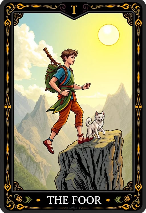 The Fool, young man, cliff edge, small white dog, colorful clothing, knapsack on stick, sun in sky, mountains in background, carefree expression, stepping forward. Tarot Card Genrator