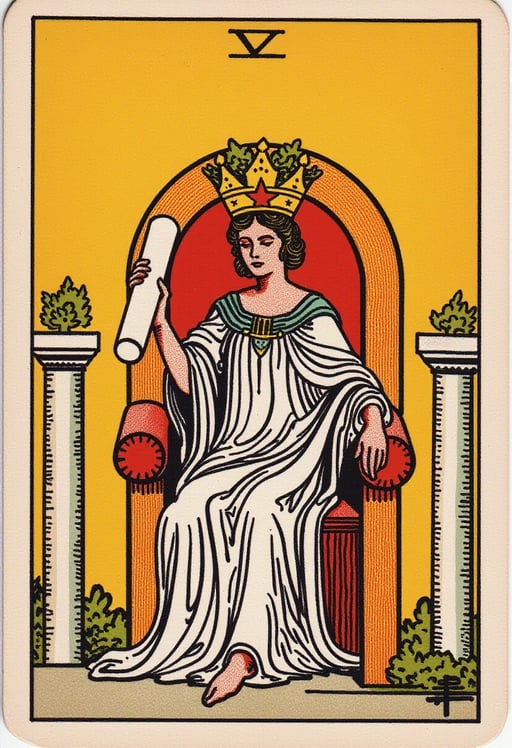 high priestess throne of gold with crown and stars flowing dress eyes closed holding scroll two pillars on each side of throne